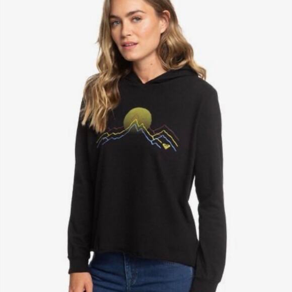 Roxy Tops - Roxy Black Blue Ridge Graphic Hooded Crop Tee Small